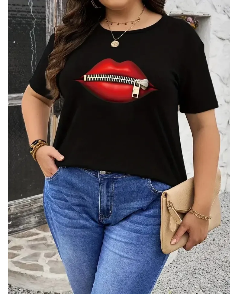 fermuar dudak baskılı tişört bisiklet yaka kısa kollu tişört - Siyah