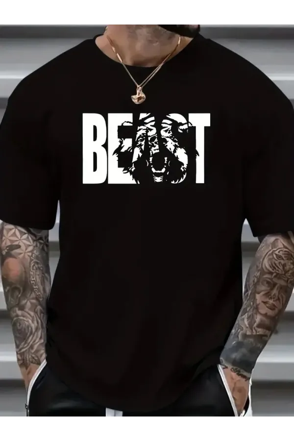 Eşsiz Baskı Tasarımlı Büyük Beden Erkek Tişörtü - Polyester Makinede Yıkanabilir - Siyah