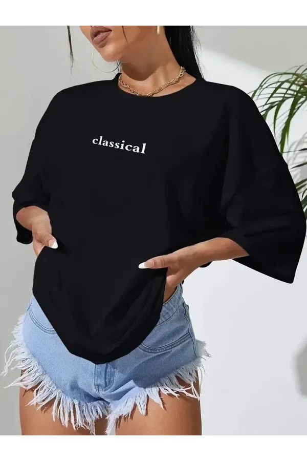 Kadın Penye Compack Classical Baskılı Siyah Oversize Tişort - Siyah