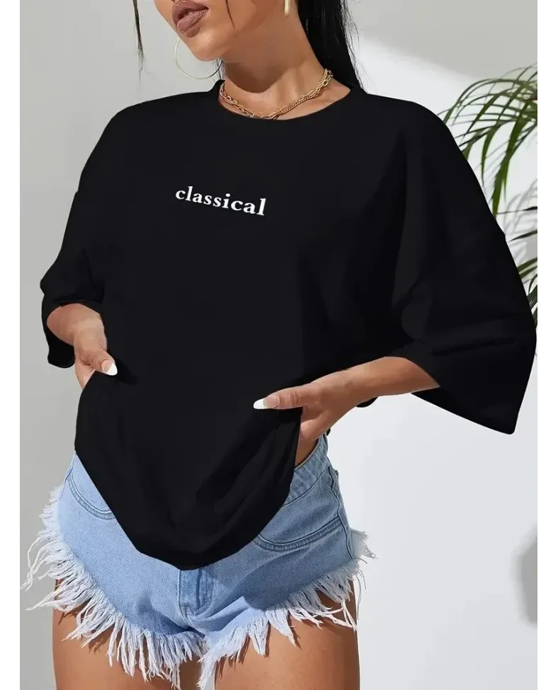 Kadın Penye Compack Classical Baskılı Siyah Oversize Tişort - Siyah