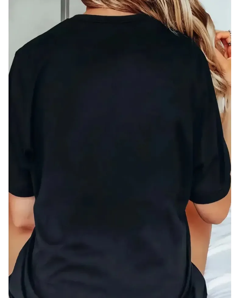 Kadın  Penye Compack Baskılı  Bisiklet Yaka Kısa Kol T-shirt - Siyah