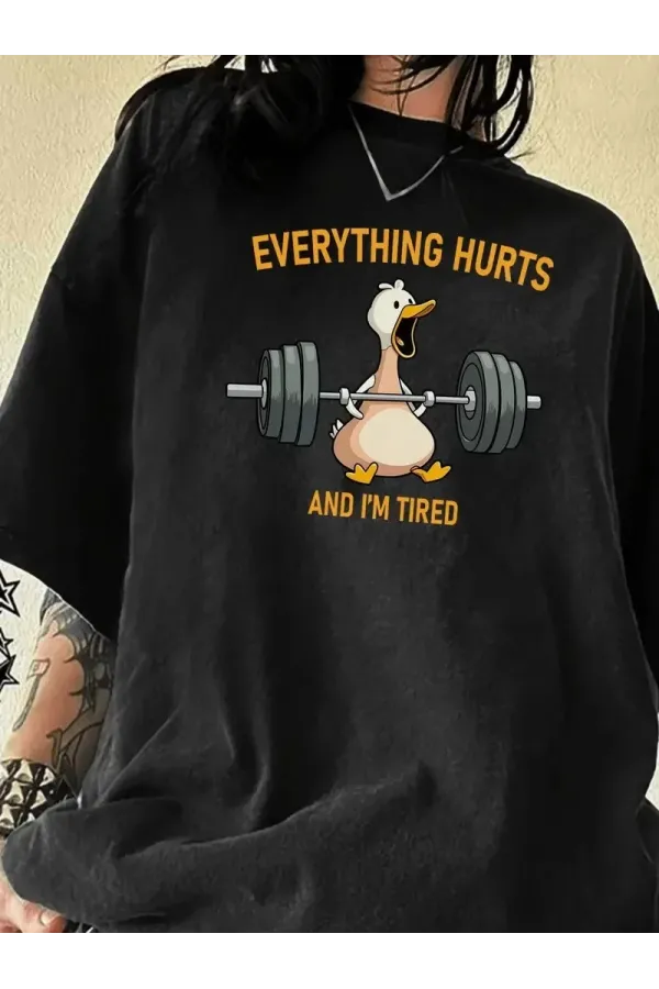 Ördek Baskılı ve Yuvarlak Yakalı Kadın Günlük Büyük Boy Siyah Tişört. - Siyah