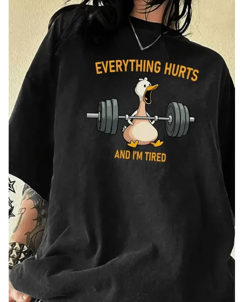 Ördek Baskılı ve Yuvarlak Yakalı Kadın Günlük Büyük Boy Siyah Tişört. - Siyah