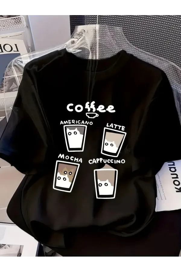 Kadın Penye Compack Baskılı  Bisiklet Yaka Kısa Kol Yazlık T-shirt - Siyah