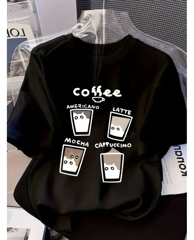 Kadın Penye Compack Baskılı  Bisiklet Yaka Kısa Kol Yazlık T-shirt - Siyah