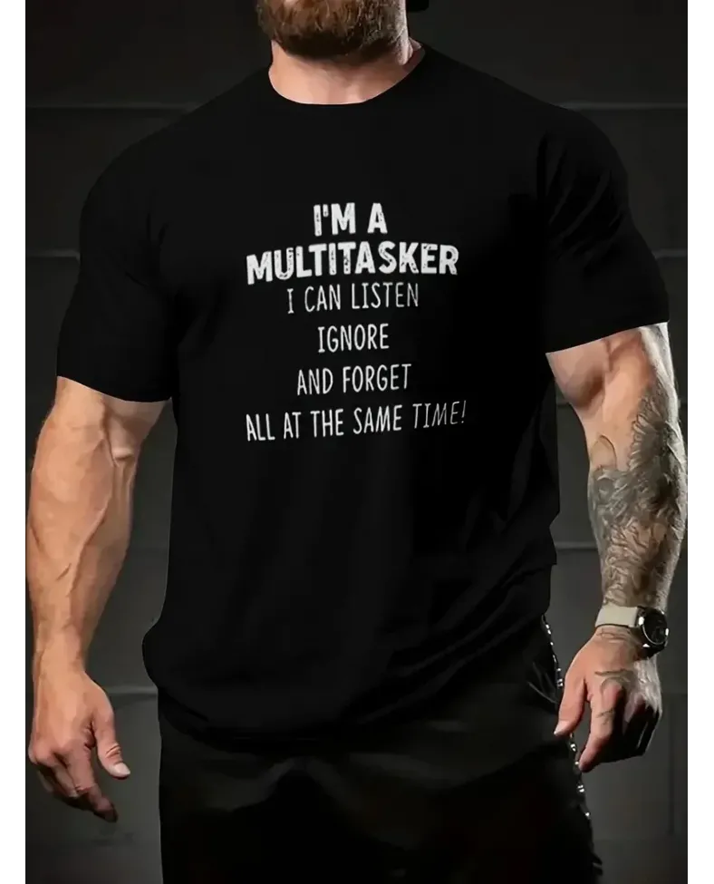 Erkekler İçin Tişörtler Komik 'Multitasker' Baskılı Tişört Yaz İlkbahar Sonbahar - Siyah