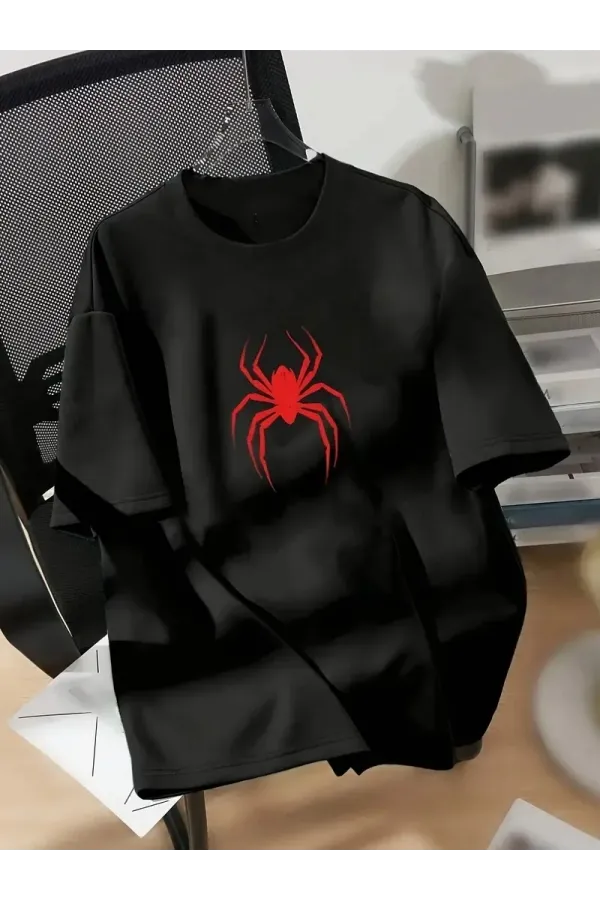 Kadın Penye Compack Spider Baskılı Oversize Kısa Kol Yazlık T-shirt - Siyah