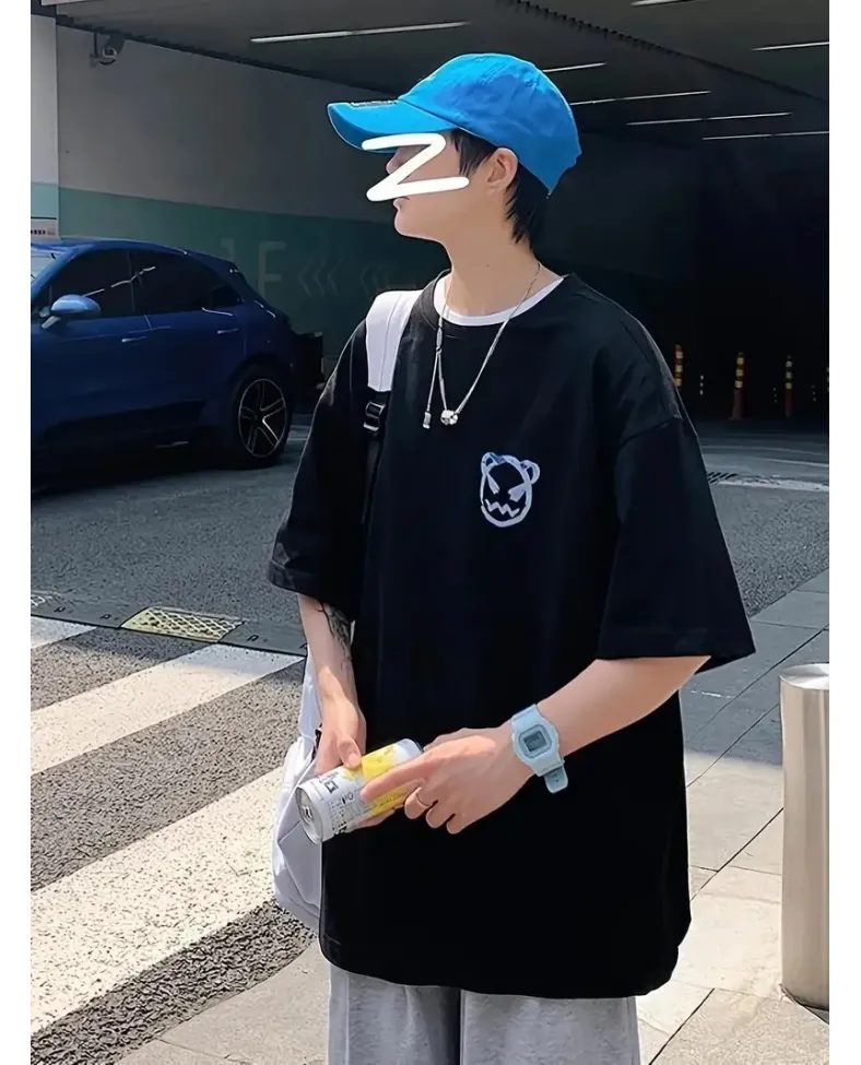 ERKEK Penye Compack Bisiklet Yaka Kore tarzı sevimli ayı baskı Kısa Kol Erkek t-shirt - Siyah