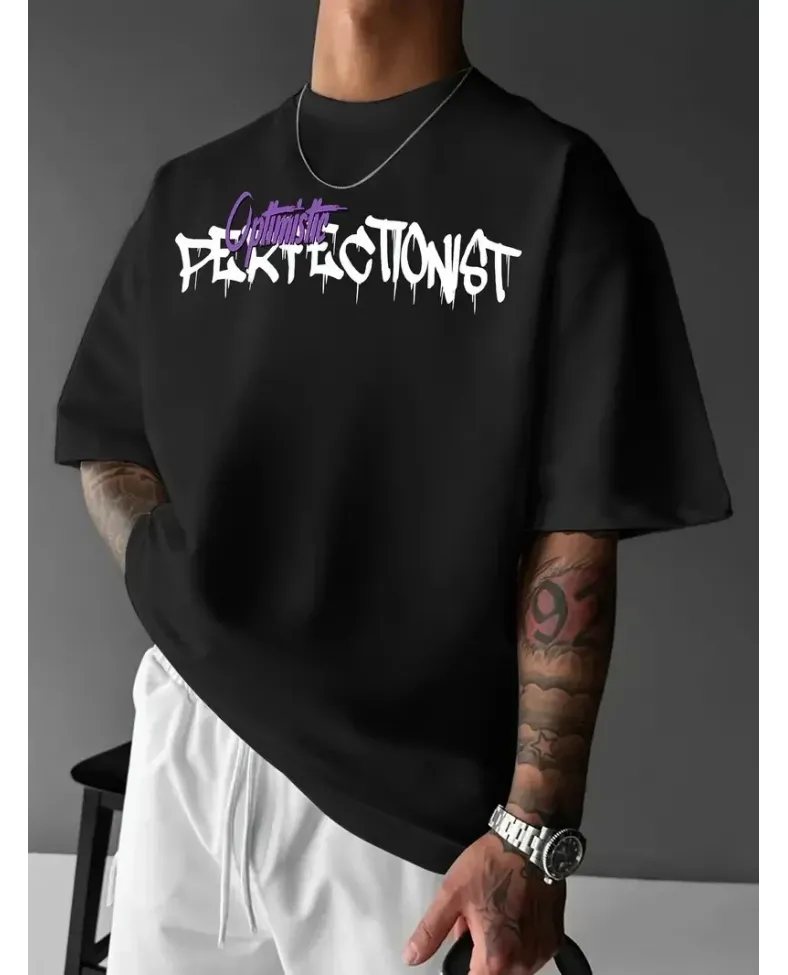 Erkek OversizeGrafik Tişört "CAMPBRASTCOOPERATION" Kalın Yazı Bisiklet Yaka Kısa - Siyah