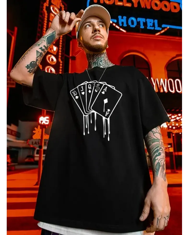 erkek büyük beden Kart baskılı düz renk kısa kollu bisiklet yaka tişört gündelik giyim - Siyah