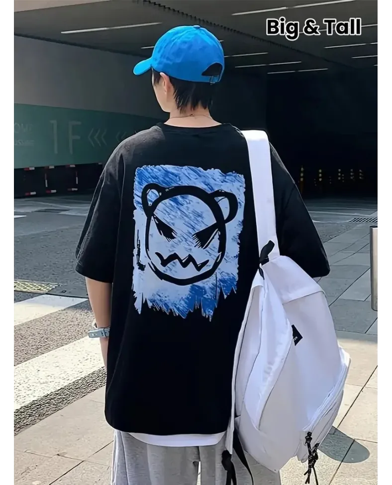 ERKEK Penye Compack Bisiklet Yaka Kore tarzı sevimli ayı baskı Kısa Kol Erkek t-shirt - Siyah