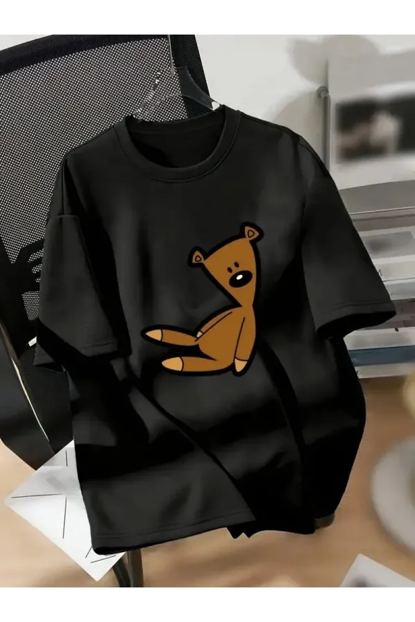 Kadın Penye Compack Ayı Baskılı Bisiklet Yaka Kısa Kol T-shirt - Siyah