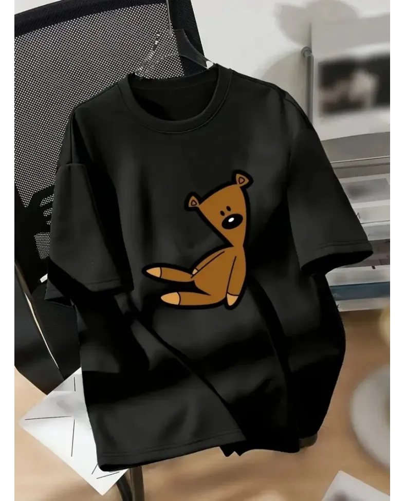 Kadın Penye Compack Ayı Baskılı Bisiklet Yaka Kısa Kol T-shirt - Siyah