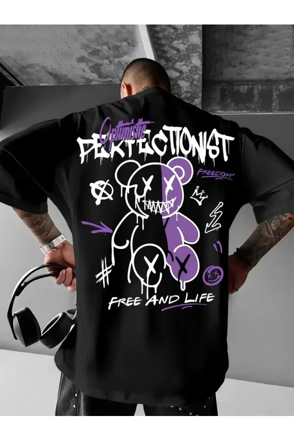 Erkek OversizeGrafik Tişört "CAMPBRASTCOOPERATION" Kalın Yazı Bisiklet Yaka Kısa - Siyah