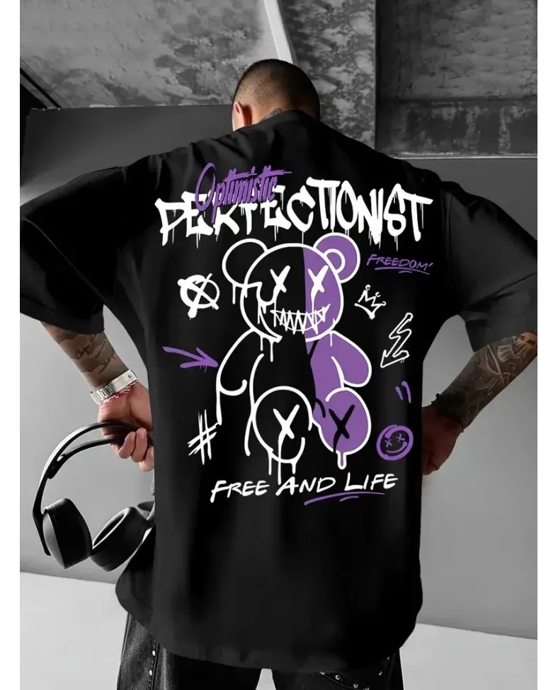 Erkek OversizeGrafik Tişört "CAMPBRASTCOOPERATION" Kalın Yazı Bisiklet Yaka Kısa - Siyah