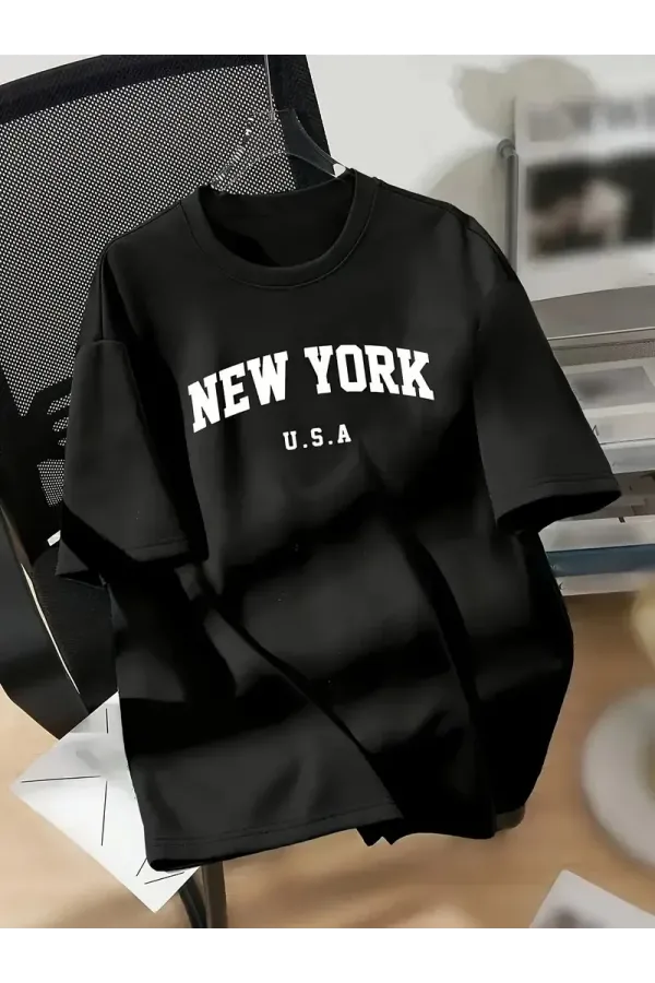 kadın Penye Compack New York Baskılı Oversize Kısa Kol Bisiklet Yaka T-shirt - Siyah