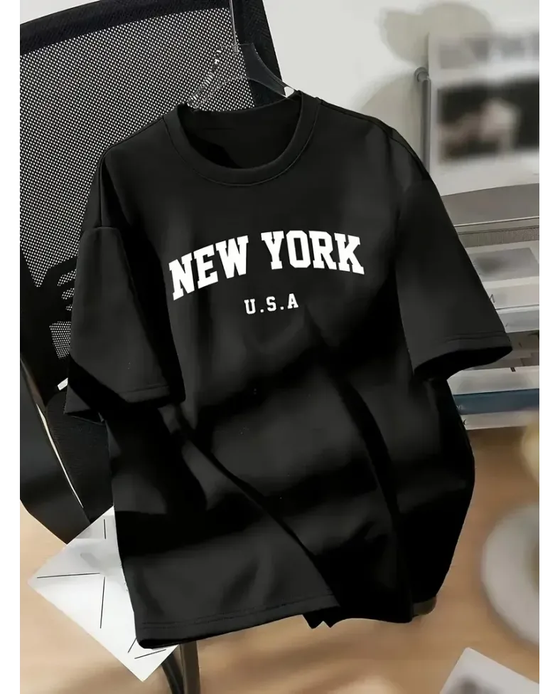 kadın Penye Compack New York Baskılı Oversize Kısa Kol Bisiklet Yaka T-shirt - Siyah
