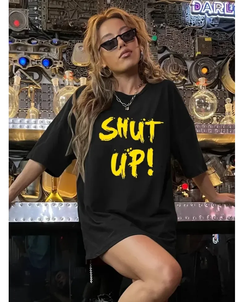Kadın Shut up Baskılı Bisiklet Yaka Kısa Kol T-shirt - Siyah