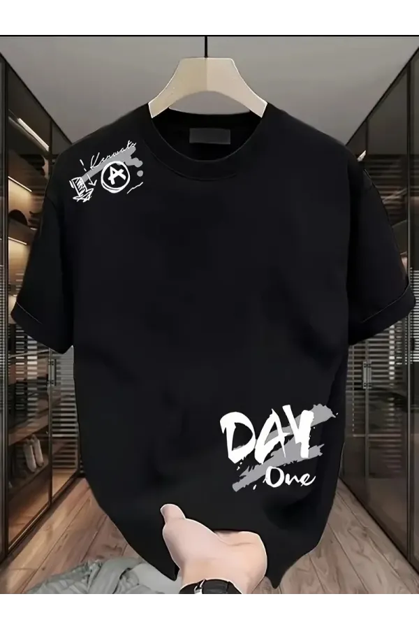 Kadın Penye Compack Day One Baskılı Oversize Bisiklet Yaka T-shirt - Siyah
