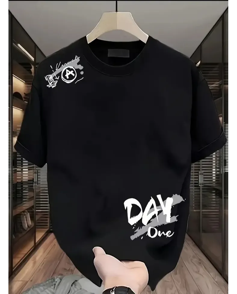 Kadın Penye Compack Day One Baskılı Oversize Bisiklet Yaka T-shirt - Siyah