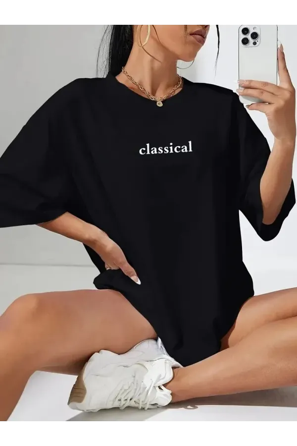 Kadın Penye Compack Classical Baskılı Siyah Oversize Tişort - Siyah