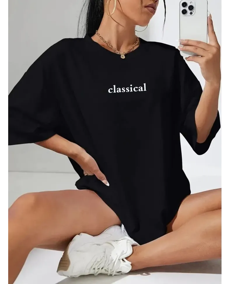 Kadın Penye Compack Classical Baskılı Siyah Oversize Tişort - Siyah