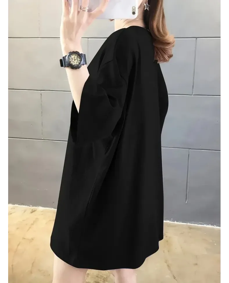 Kadın Penye Compack  Baskılı Oversize Bisiklet Yaka T-shirt - Siyah