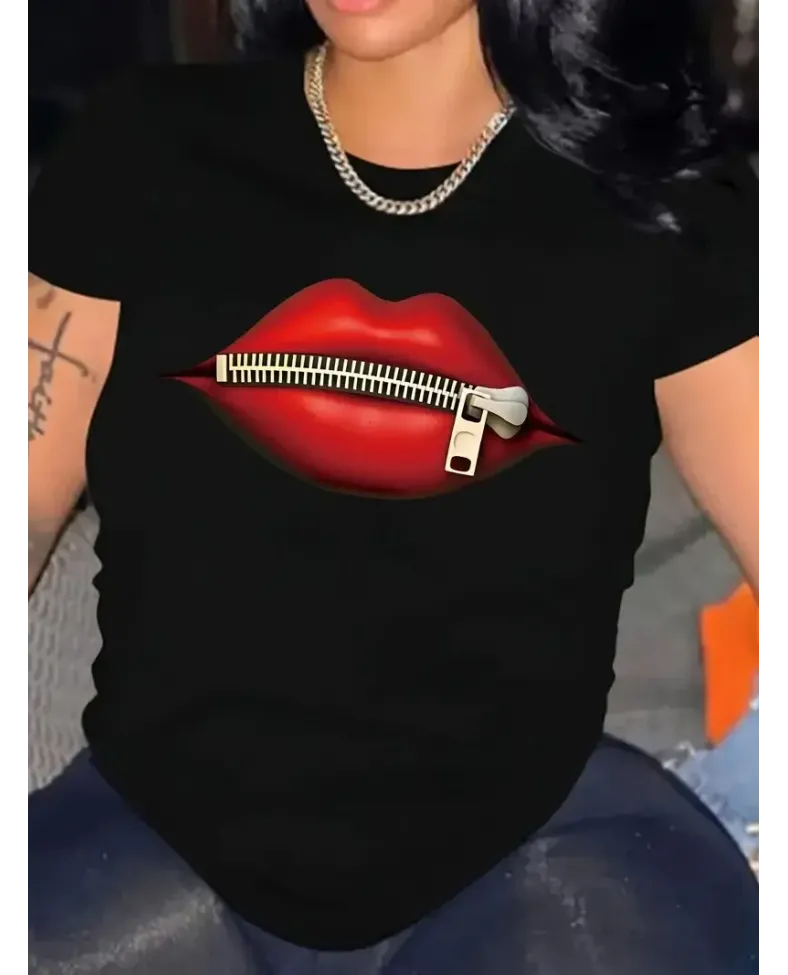 fermuar dudak baskılı tişört bisiklet yaka kısa kollu tişört - Siyah