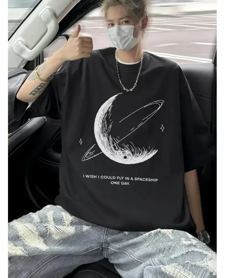 Erkekler için Siyah Tişört Grafik Genç Emo Vintage Gotik Büyük Beden Kısa Kollu - Siyah