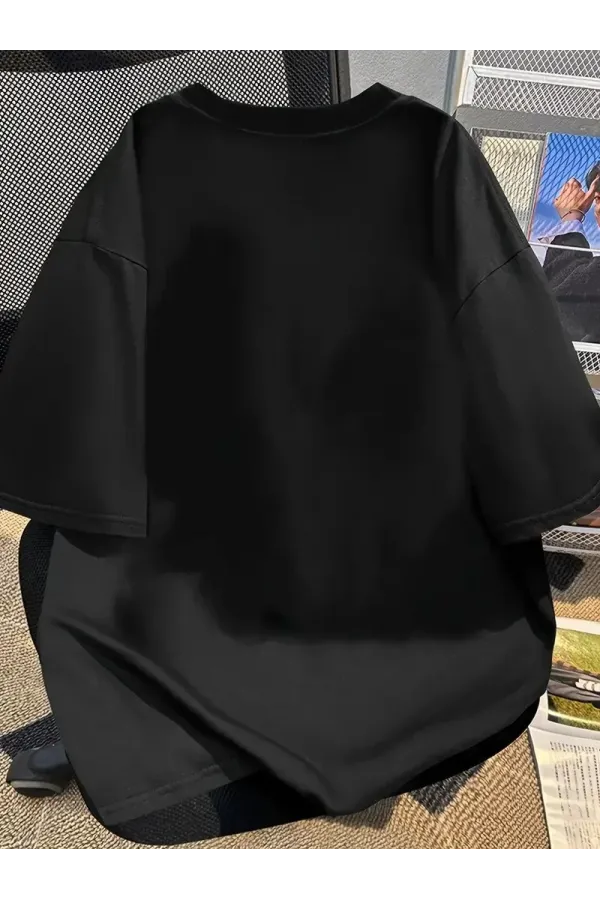 Kadın Penye Compack Baskılı  Bisiklet Yaka Kısa Kol Yazlık T-shirt - Siyah