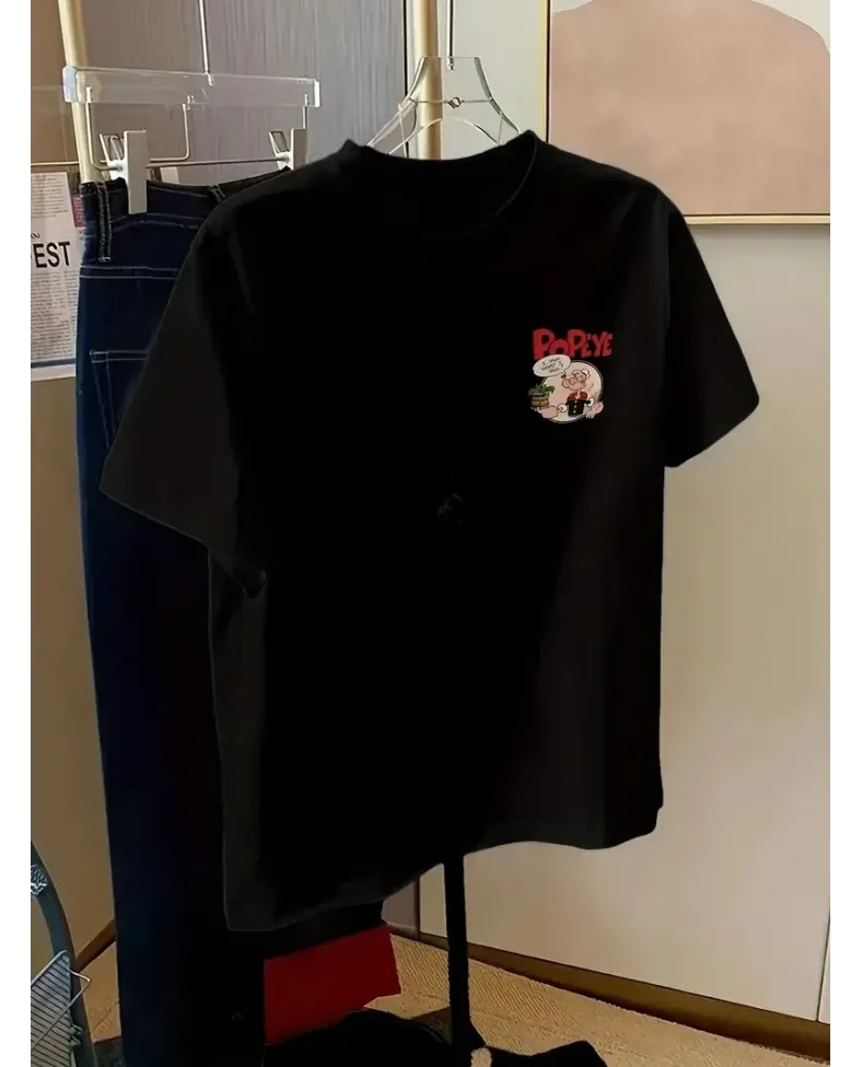 Kadın Ön ve Arka Baskılı T-Shirt Kısa Kol Bisiklet Yaka Regular Fit Tişört - Siyah