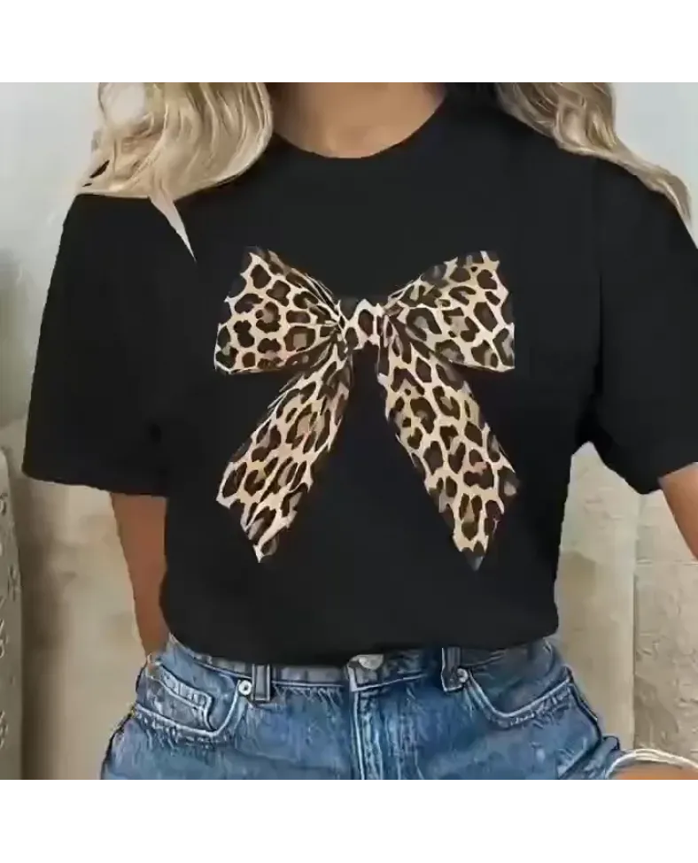 Leopar Desenli Fiyonklu  Bisiklet Yaka - Siyah