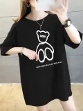 Kadın Penye Compack  Baskılı Oversize Bisiklet Yaka T-shirt - Siyah