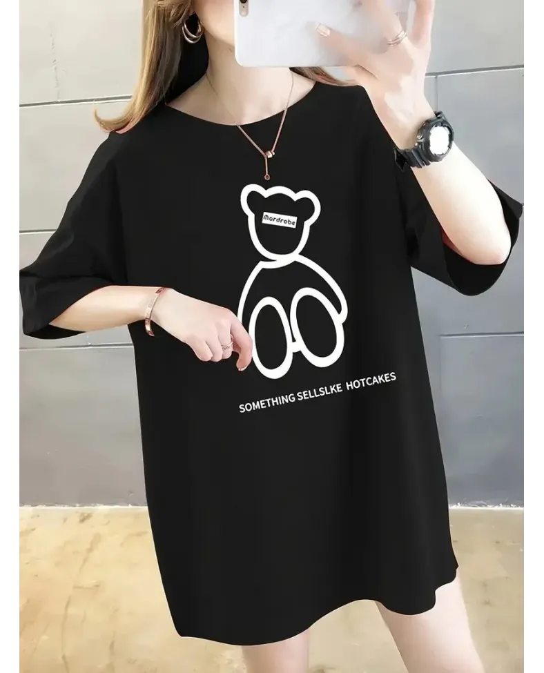 Kadın Penye Compack  Baskılı Oversize Bisiklet Yaka T-shirt - Siyah