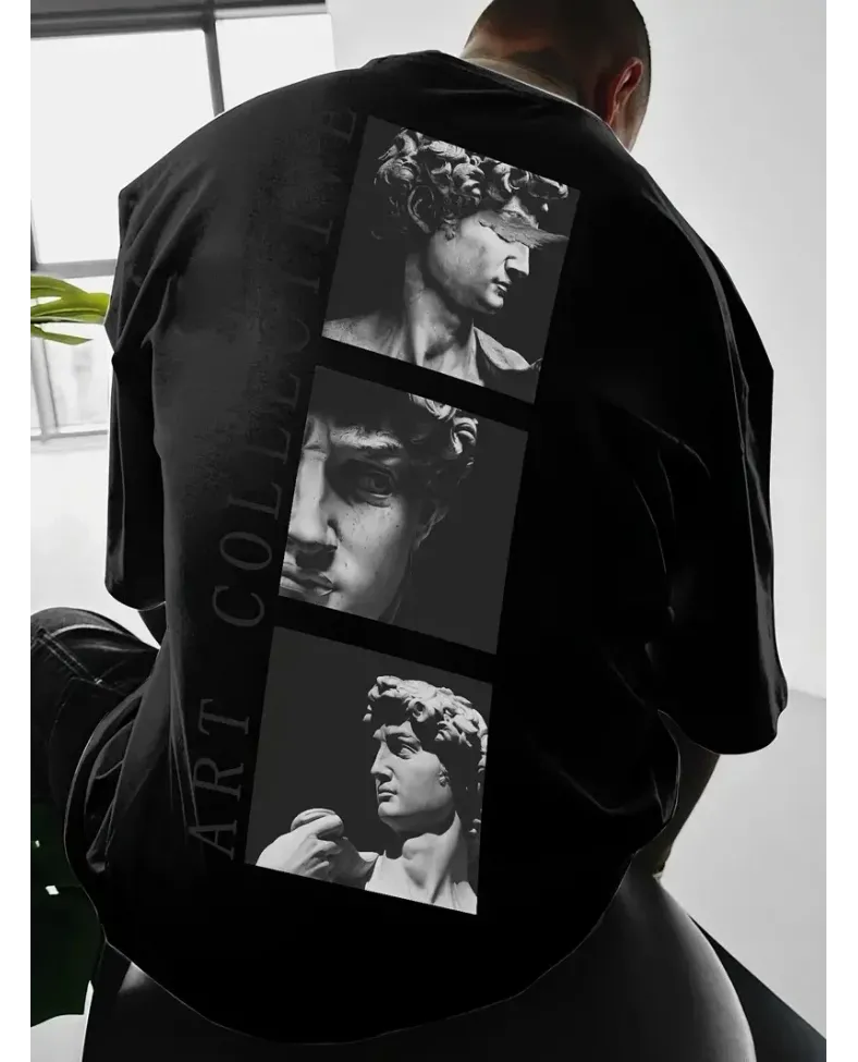 Benzersiz Sırt Baskılı Erkek Sokak Stili Bol Tişört - Nefes Alabilir Polyester - Siyah