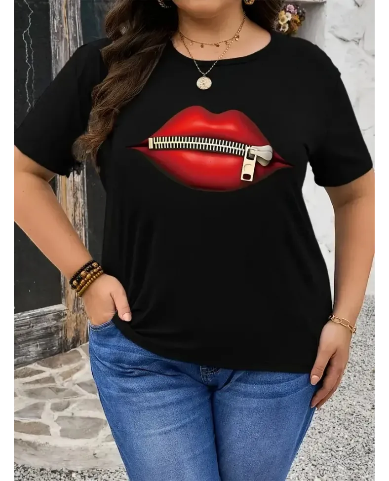 fermuar dudak baskılı tişört bisiklet yaka kısa kollu tişört - Siyah