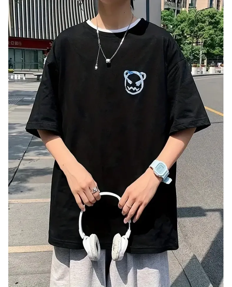 ERKEK Penye Compack Bisiklet Yaka Kore tarzı sevimli ayı baskı Kısa Kol Erkek t-shirt - Siyah