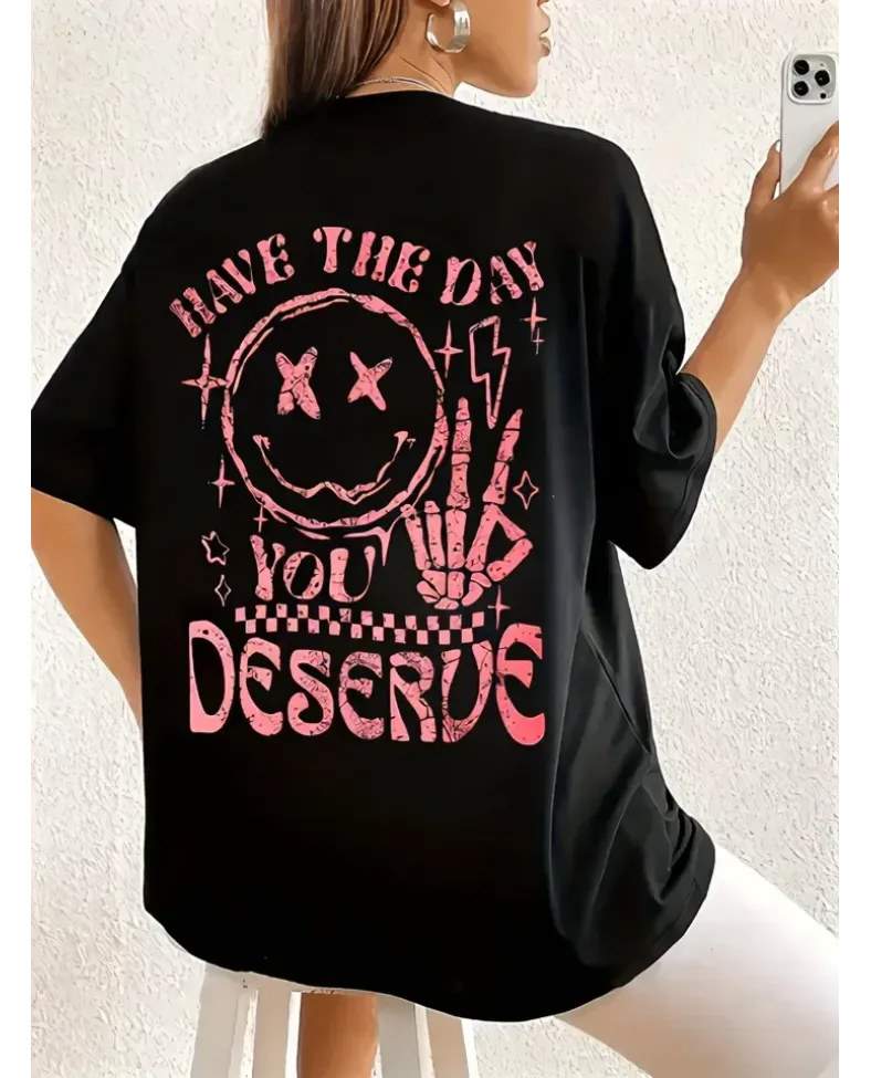 Oversize Kadın Karikatür Baskılı Yuvarlak Yaka Düşük Omuz Kısa Kollu Tişört Büyük Beden- Siyah