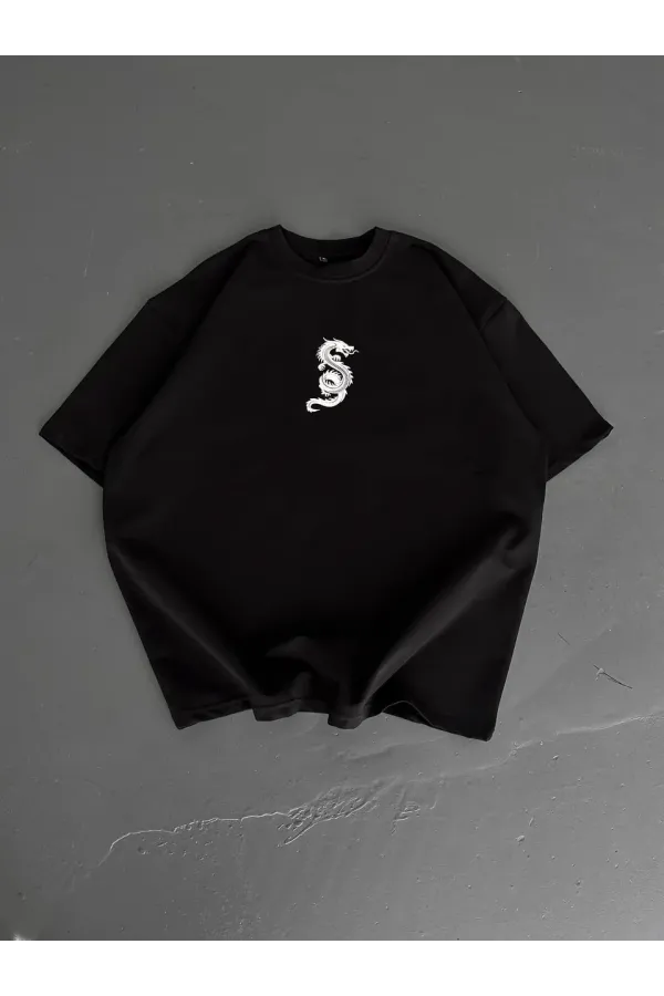 Baskılı Oversize Bisiklet Yaka - Siyah