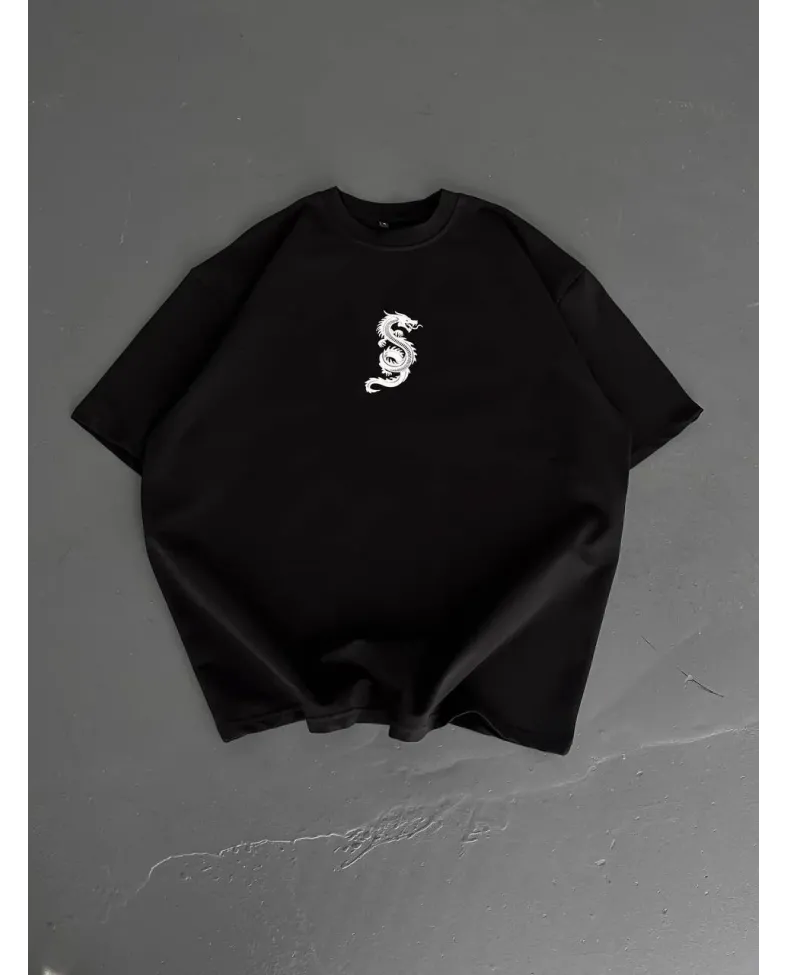 Baskılı Oversize Bisiklet Yaka - Siyah