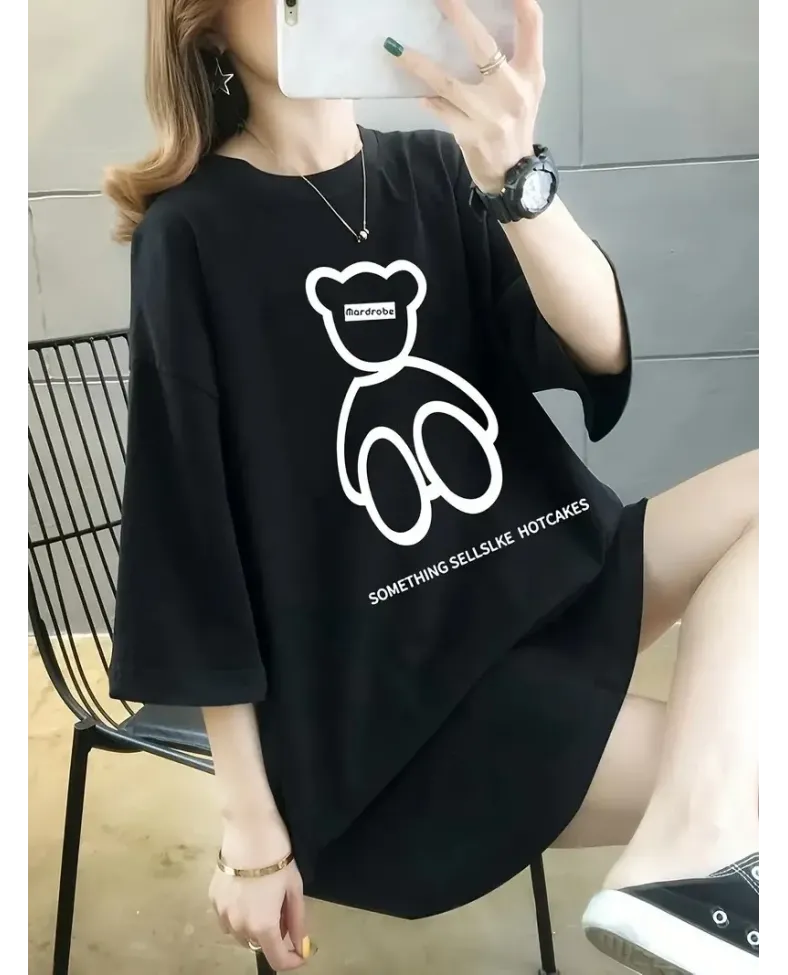 Kadın Penye Compack  Baskılı Oversize Bisiklet Yaka T-shirt - Siyah