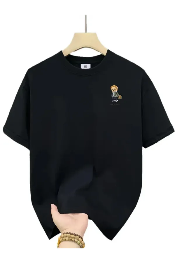 Erkek Penye Compack Gözlüklü Ayı Bisiklet Yaka Erkek T-shirt - Siyah