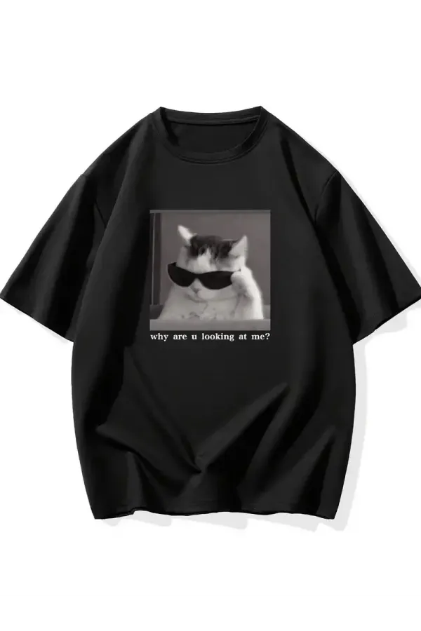 "Neden Bana Bakıyorsun?" Komik Kedi Grafik Tişört - Dijital Baskılı Siyah Bol Kesim Streetwear Tişört, Erkekler için Dört Mevsim Günlük Gömlek - Siyah