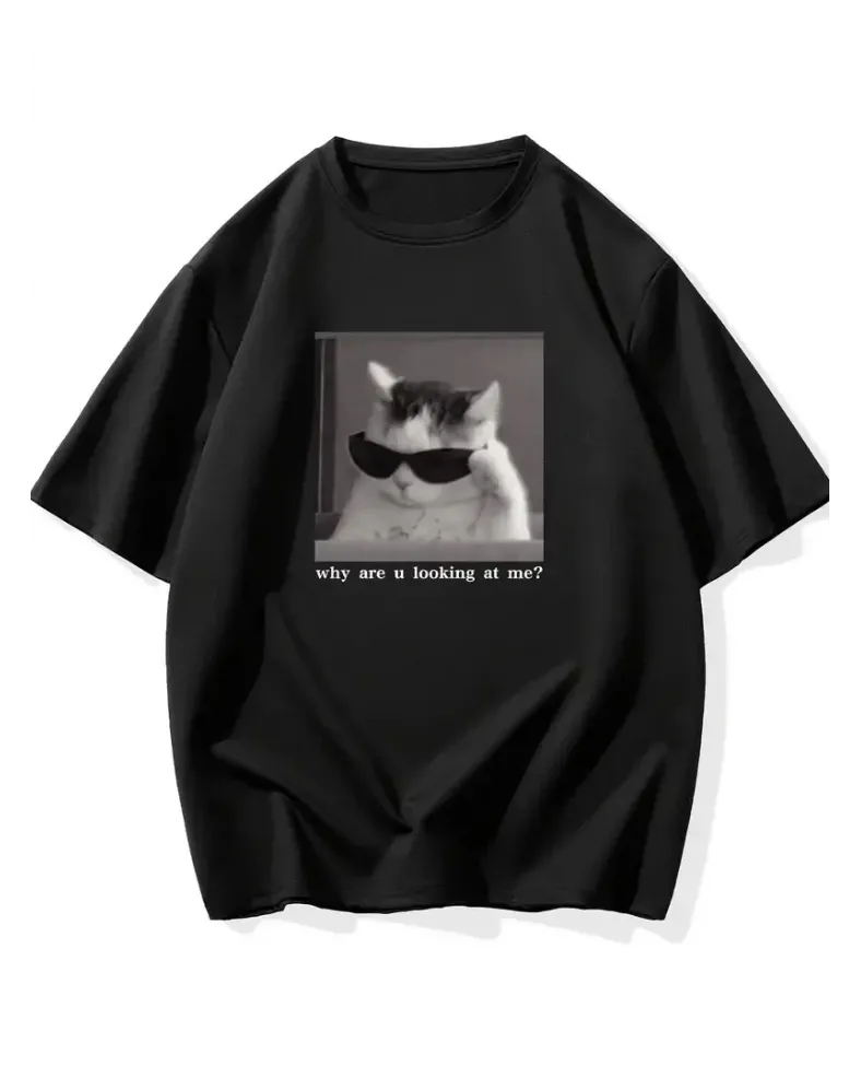 "Neden Bana Bakıyorsun?" Komik Kedi Grafik Tişört - Dijital Baskılı Siyah Bol - Siyah