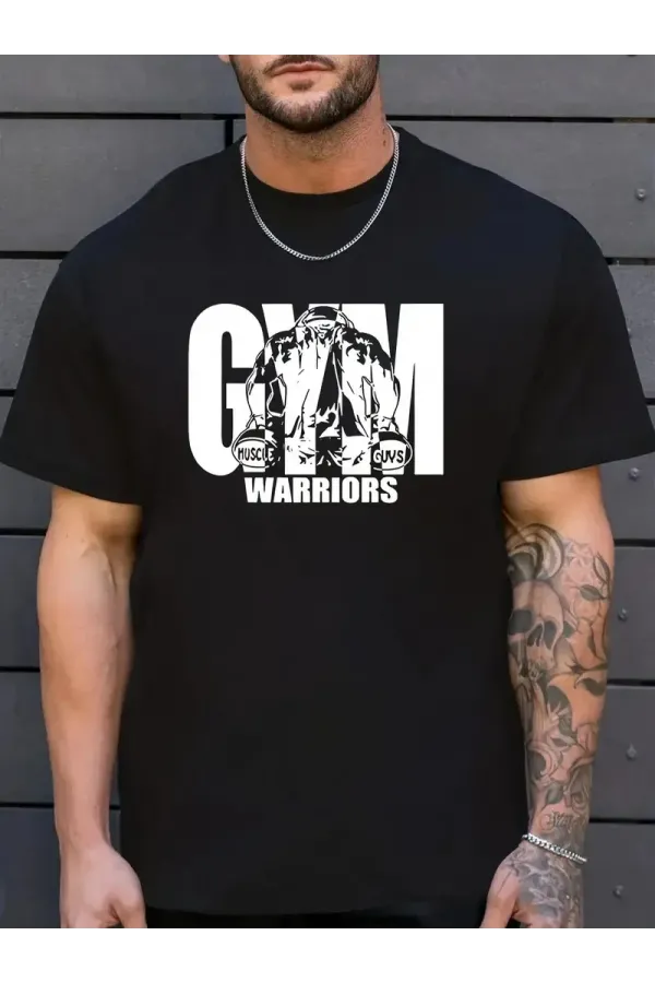 Erkek GYM Baskılı Oversize Bisiklet Yaka Erkek T-shirt - Siyah