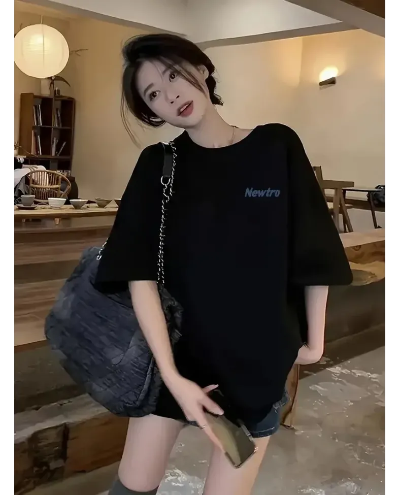 Newtro Baskılı Oversize Bisiklet Yaka T-shirt - Siyah