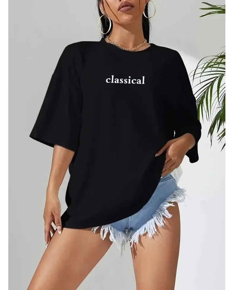 Kadın Penye Compack Classical Baskılı Siyah Oversize Tişort - Siyah