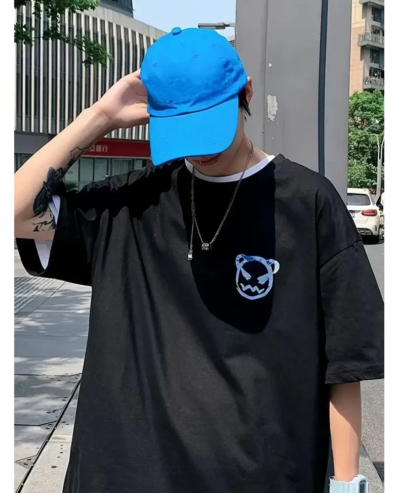 ERKEK Penye Compack Bisiklet Yaka Kore tarzı sevimli ayı baskı Kısa Kol Erkek t-shirt - Siyah