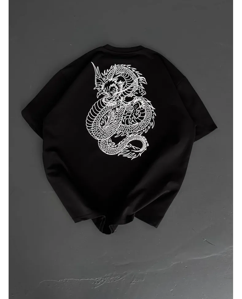 Baskılı Oversize Bisiklet Yaka - Siyah