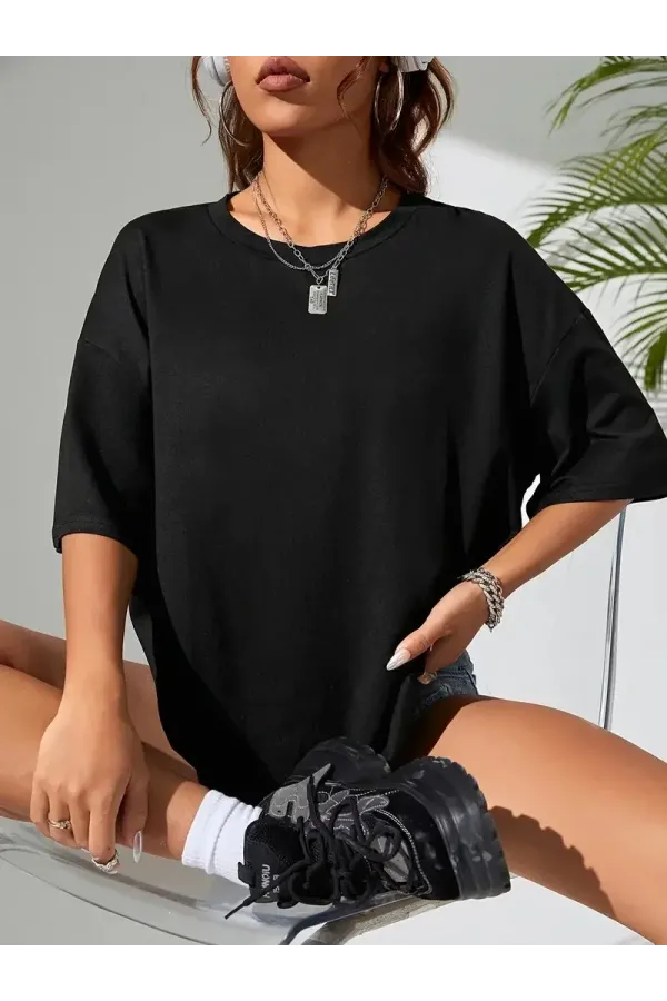 Büyük Boy Ayıcık Baskılı Bisiklet Yaka İlkbahar Yaz İçin Kısa Kollu Kadın Giyim - Siyah